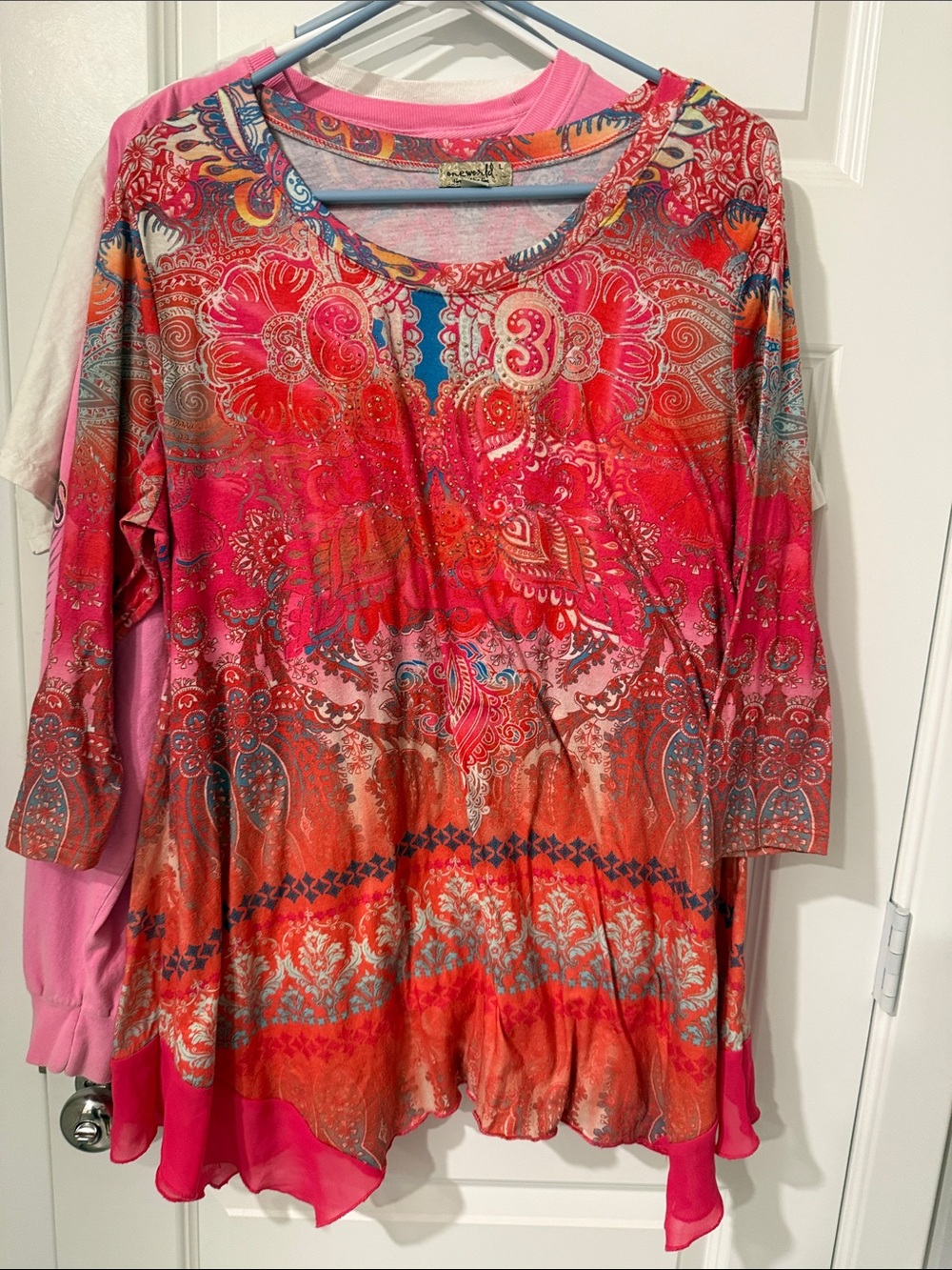 Boho Floral Print 3/4 Sleeve Top blouse ONE WORLD L LARGE SPARKLE TUNIC COSTUME